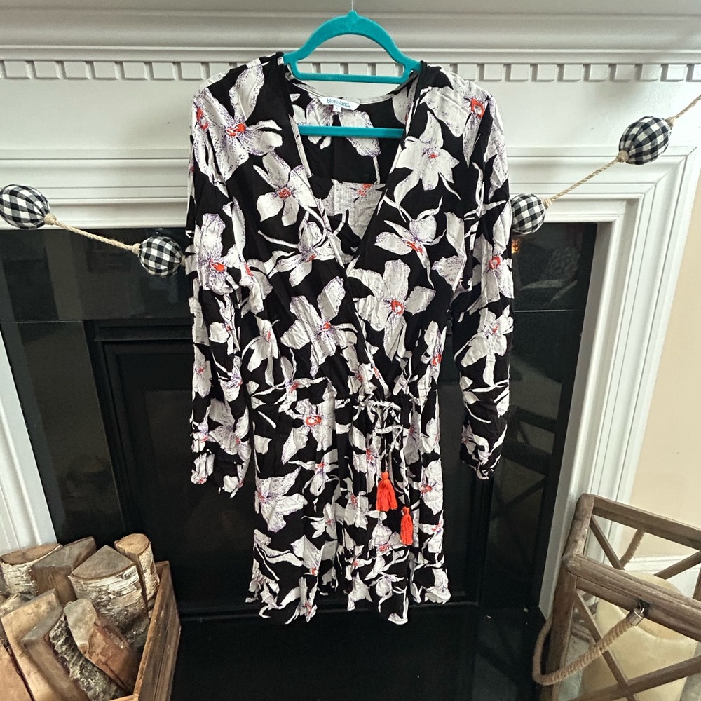 Blue Island Black Dress with White and Purple Floral Design